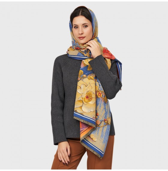 Кашемировый палантин двусторонний с цветочным принтом, 185х65 см Кашемировый палантин двусторонний с цветочным принтом, 185х65 см