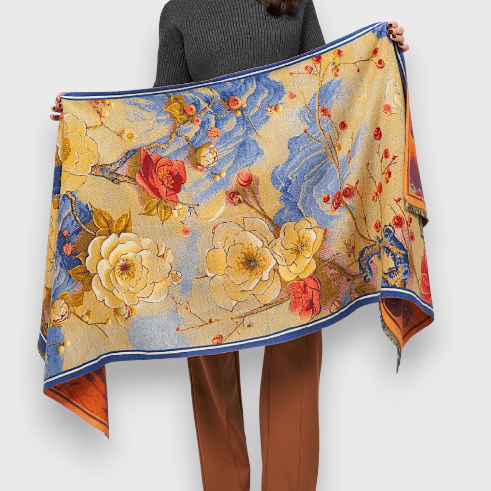 Кашеміровий палантин двосторонній з весняним квітковим принтом, 185х65 см