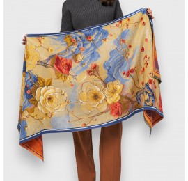 Кашемировый палантин двусторонний с весенним цветочным принтом, 185х65 см