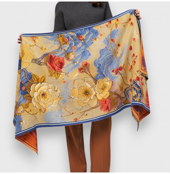 Кашемировый палантин двусторонний с весенним цветочным принтом, 185х65 см