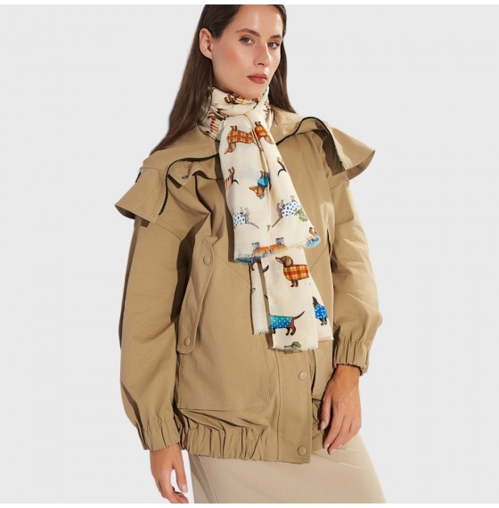 Жіночий шарф віскозний бежевий з принтом собачки 180*85 см