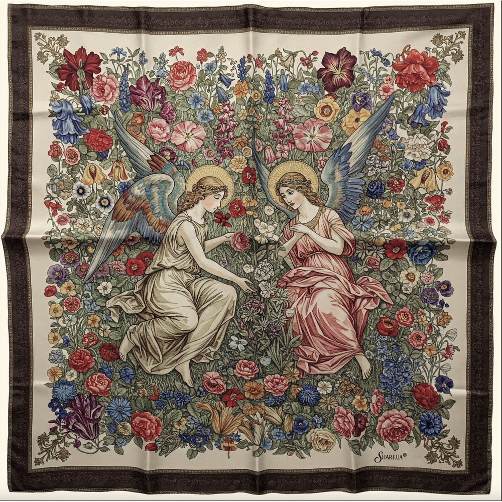 Хустка шовкова дизайнерська «Янголи з квітами» 90×90 см - 10