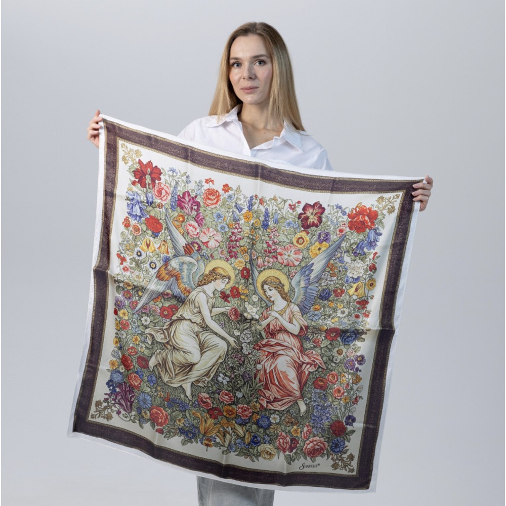 Хустка шовкова дизайнерська «Янголи з квітами» 90×90 см - 9