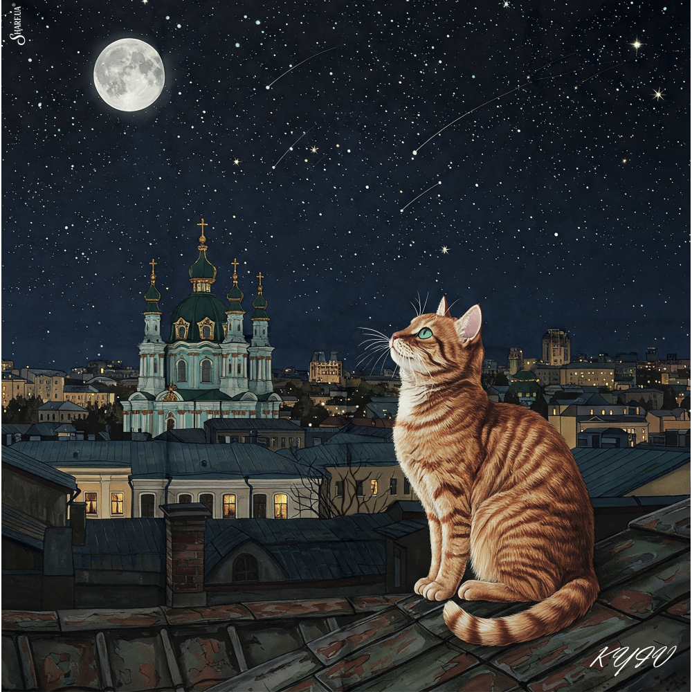 Авторский платок Киевский кот Сказочник 70х70 см