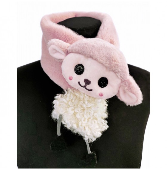Меховой шарф детский розово-лиловый с игрушкой овечка