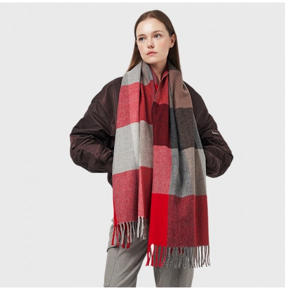 Женский шарф шерстяной в серо-бордовую клетку 200x70 см Женский шарф шерстяной в серо-бордовую клетку 200x70 см