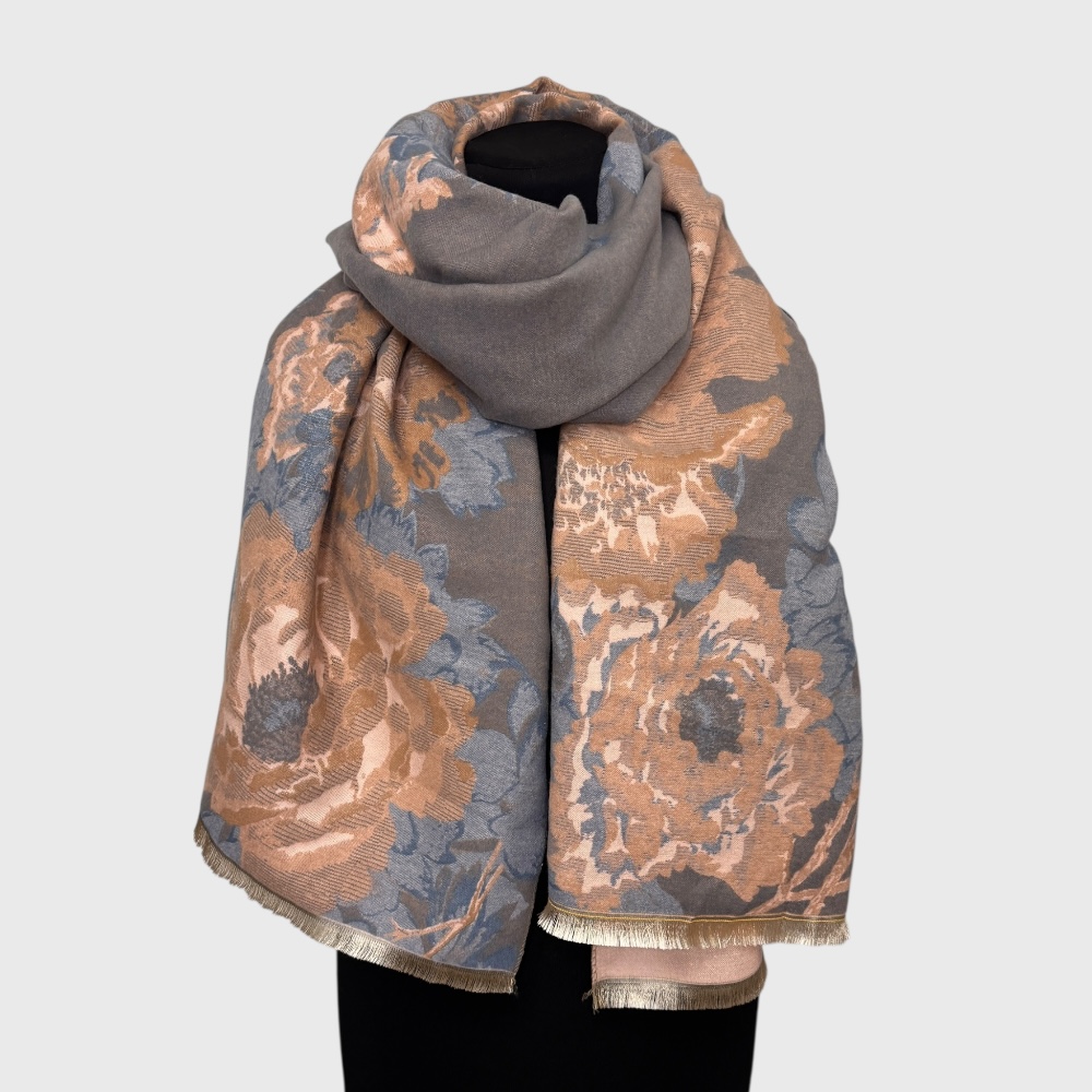 Кашеміровий шарф палантин жіночий двосторонній сіро-пудровий 185х65 см - 6