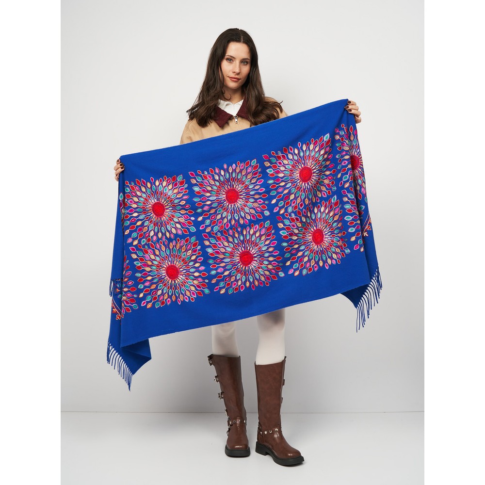 Кашеміровий шарф синій з шовковою вишивкою - 4