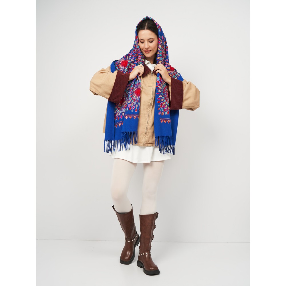 Кашеміровий шарф синій з шовковою вишивкою - 3