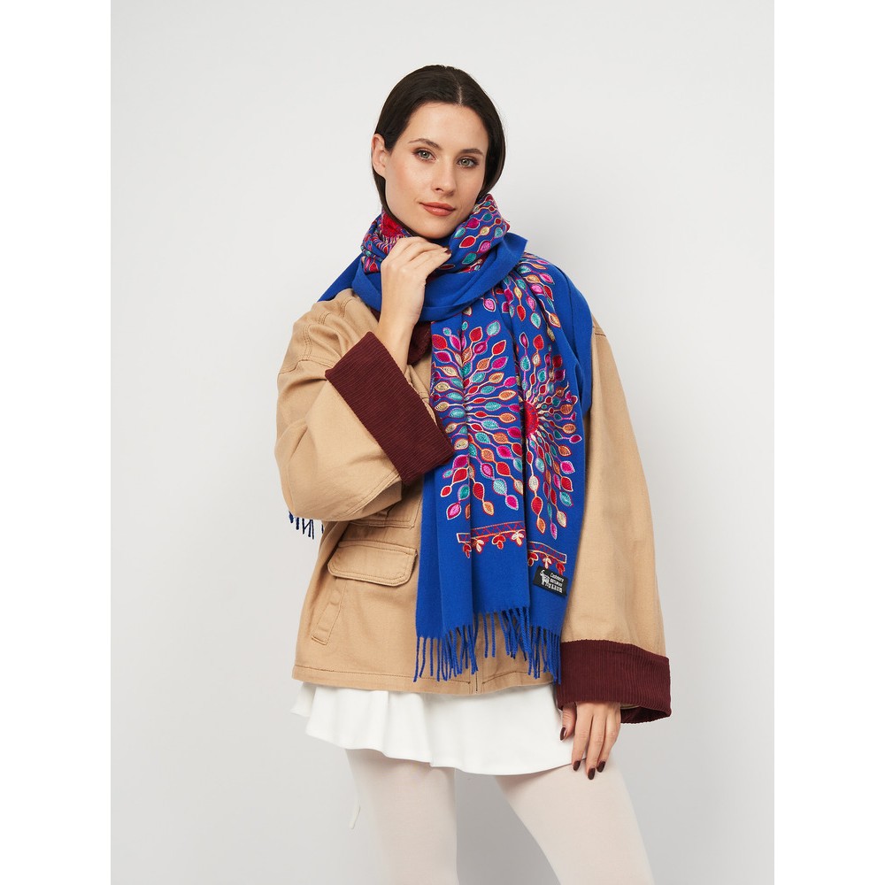 Кашеміровий шарф синій з шовковою вишивкою - 5