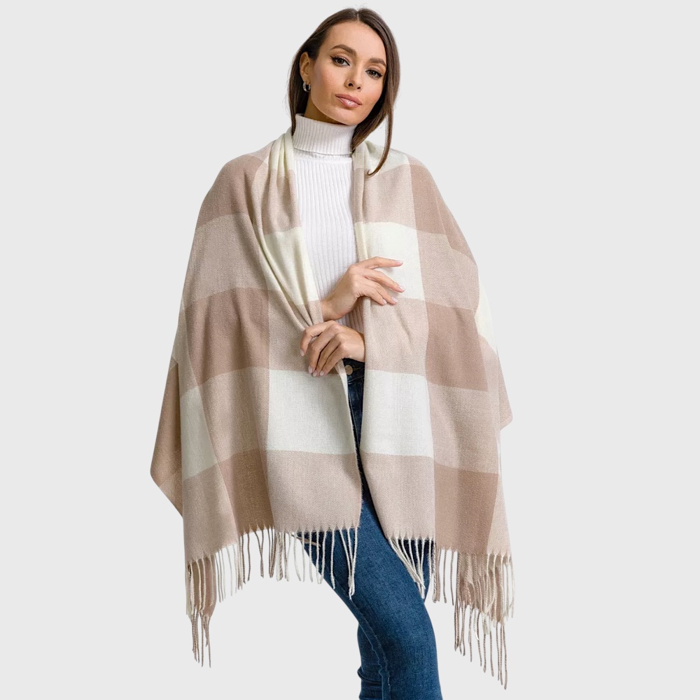 Жіночий шарф кашеміровий какао-молочний в квадрати 180х70 см - 2