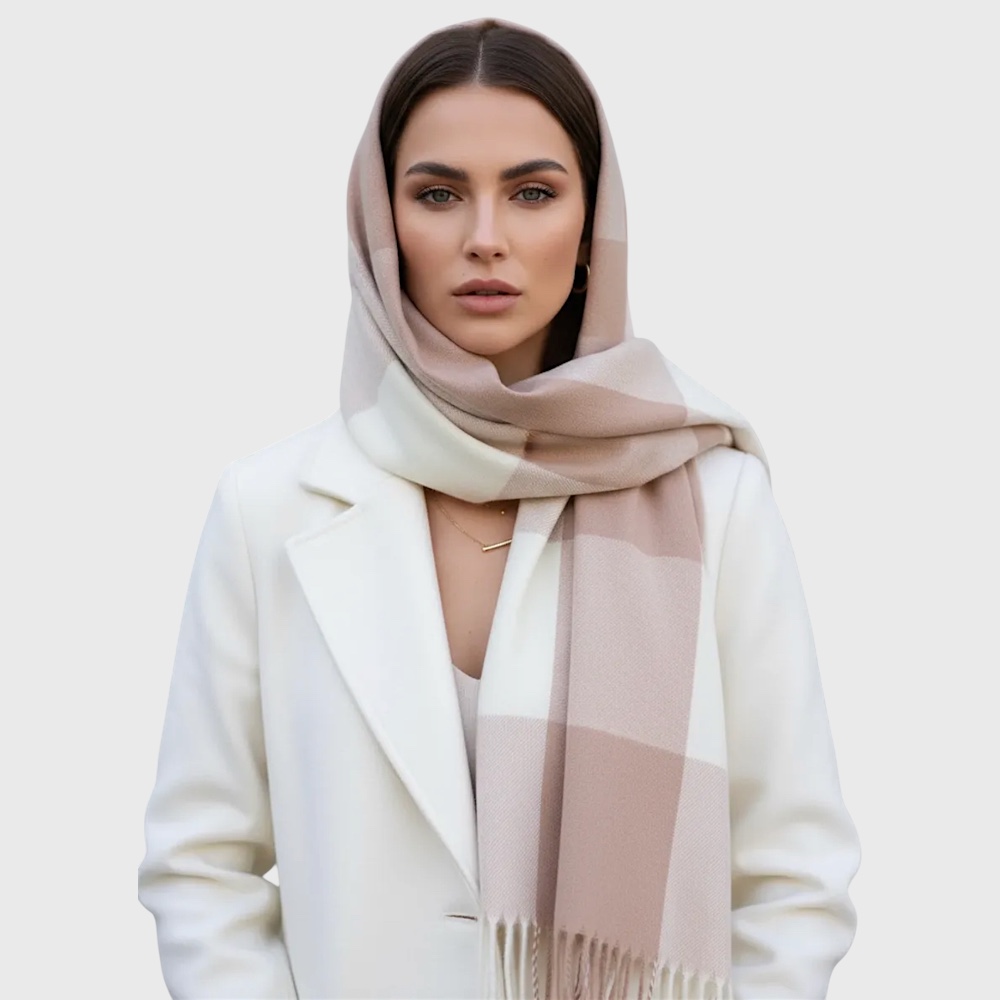 Жіночий шарф кашеміровий какао-молочний в квадрати 180х70 см - 5