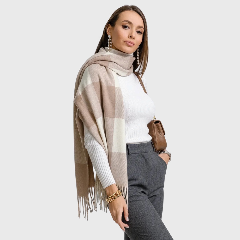 Жіночий шарф кашеміровий какао-молочний в квадрати 180х70 см - 4