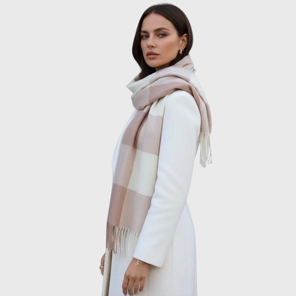 Жіночий шарф кашеміровий какао-молочний в квадрати 180х70 см - 6