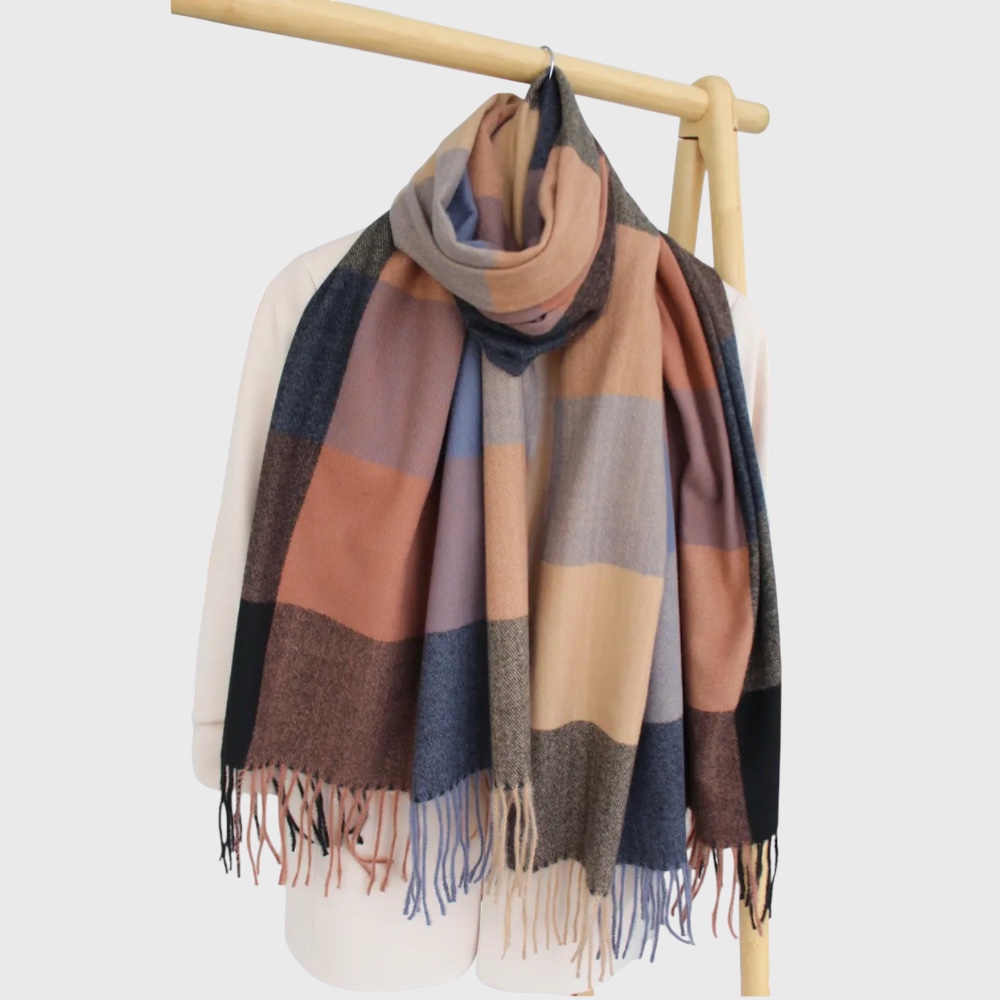 Жіночий шарф кашеміровий карамельно-графітовий в квадрати 180х70 см - 2