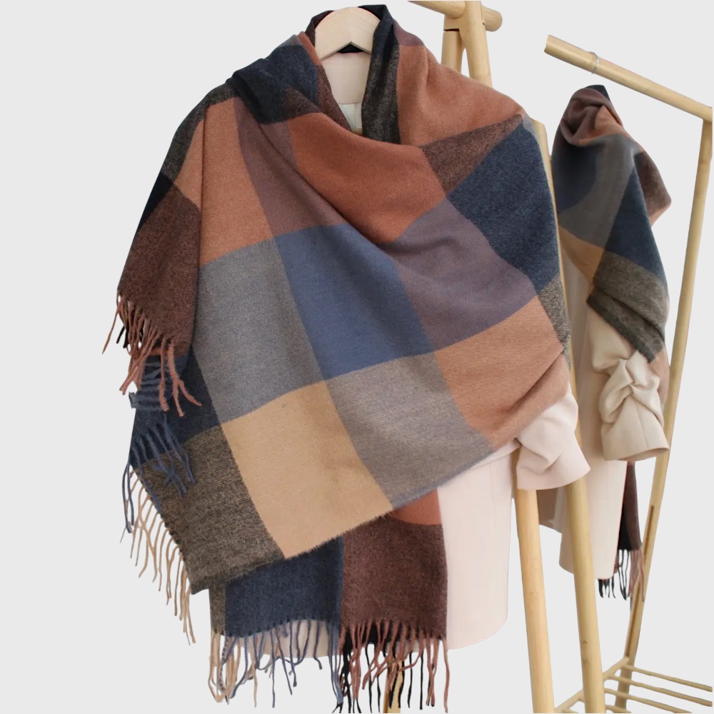 Жіночий шарф кашеміровий карамельно-графітовий в квадрати 180х70 см - 4