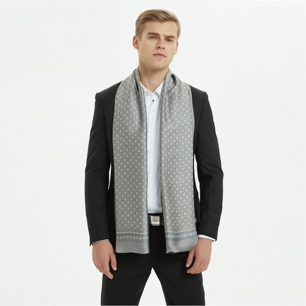 Шарф мужской шелковый серый двусторонний легкий 180х30 см