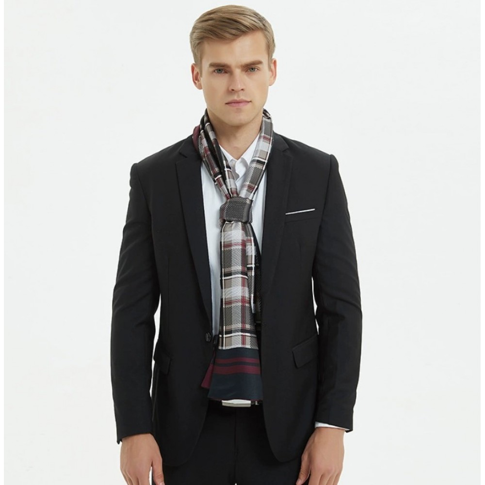 Шарф мужской шелковый черно-серый двусторонний в клетку 180х30 см