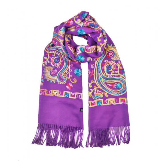 Изысканый шарф палантин пурпурний с вышивкой бохо