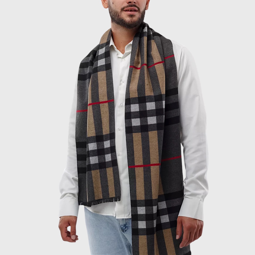 Кашеміровий шарф двосторонній сірий з бежевим у клітинку 180*30 см - 2