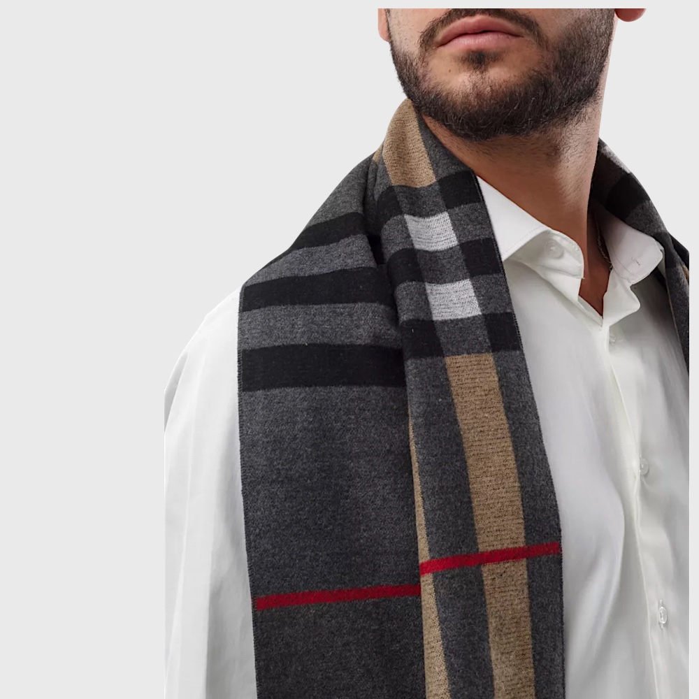 Кашеміровий шарф двосторонній сірий з бежевим у клітинку 180*30 см - 5