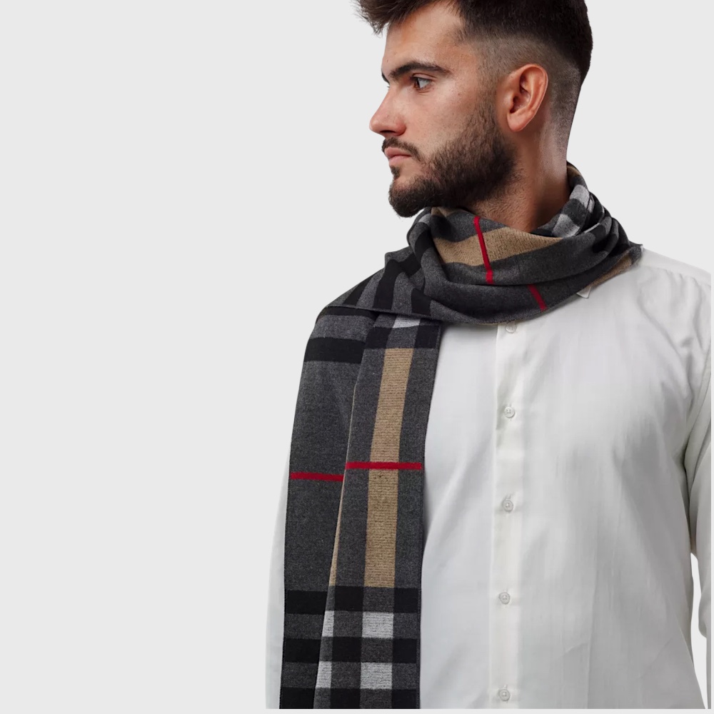 Кашеміровий шарф двосторонній сірий з бежевим у клітинку 180*30 см - 6
