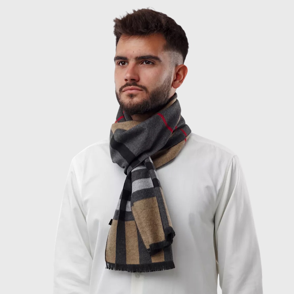 Кашеміровий шарф двосторонній сірий з бежевим у клітинку 180*30 см