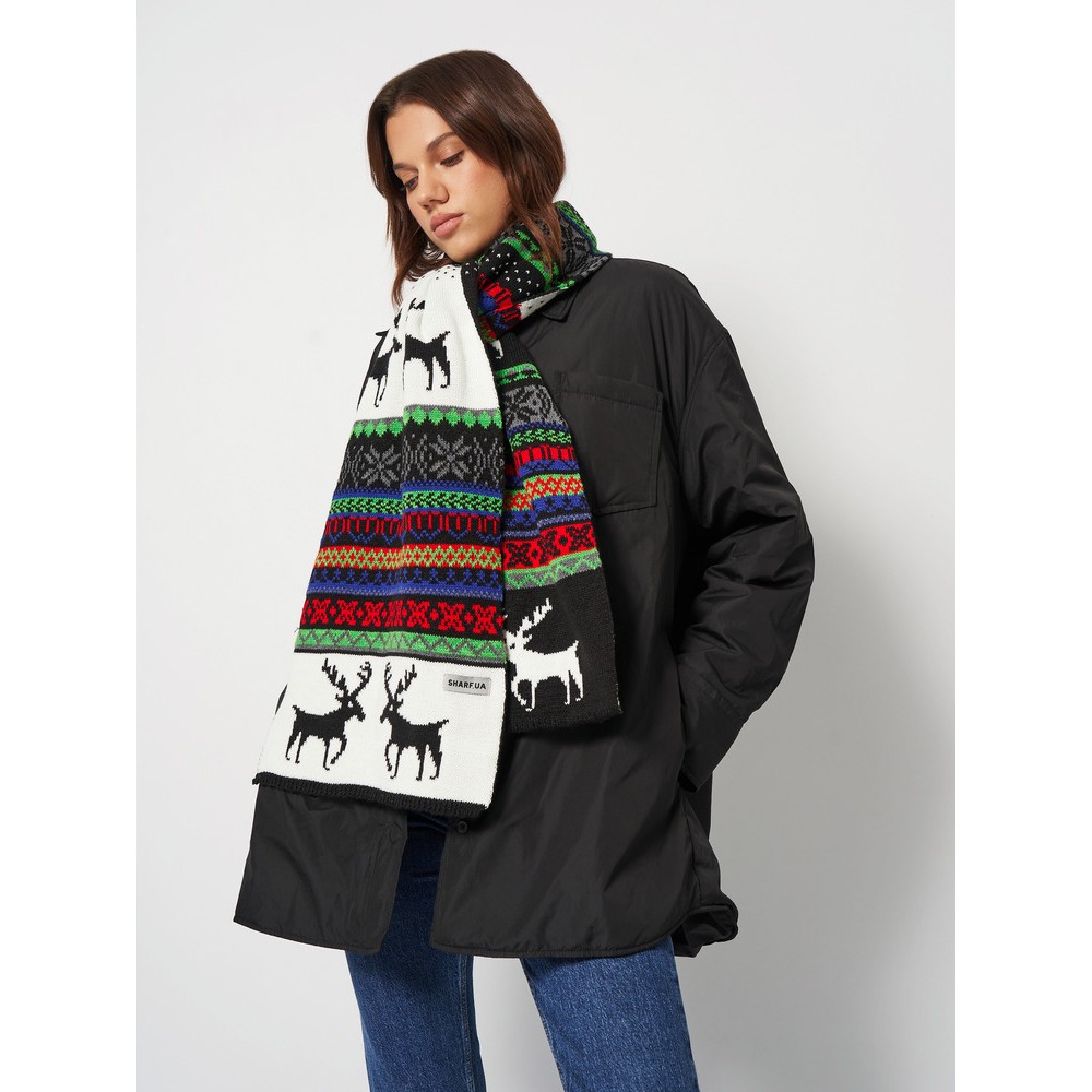 Вязаный шарф с оленями стильный 190*35 см - 2