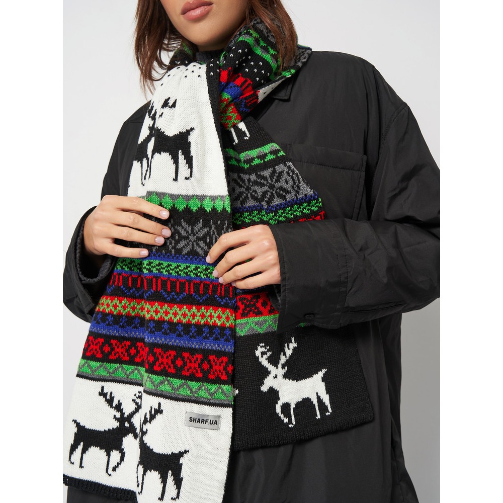 Вязаный шарф с оленями стильный 190*35 см - 3
