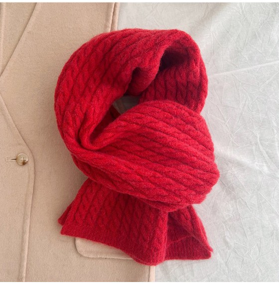 Вязаный шарф красный зимний узор косичка 160*25 см
