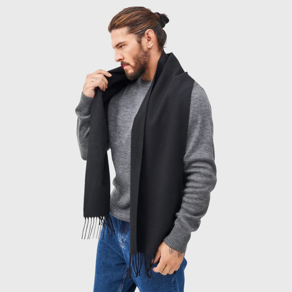 Мужской шарф черный шерстяной мягкий 180*33 см  - 2