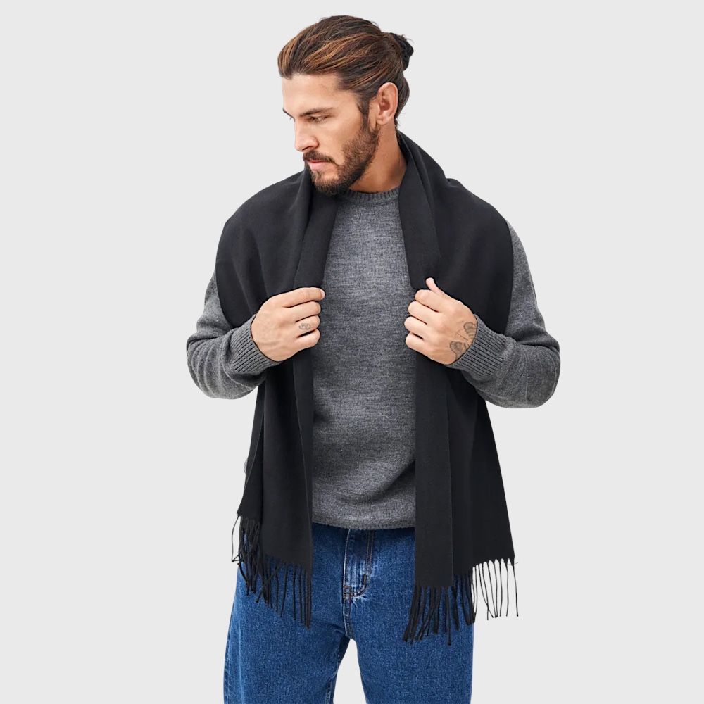 Мужской шарф черный шерстяной мягкий 180*33 см  - 3