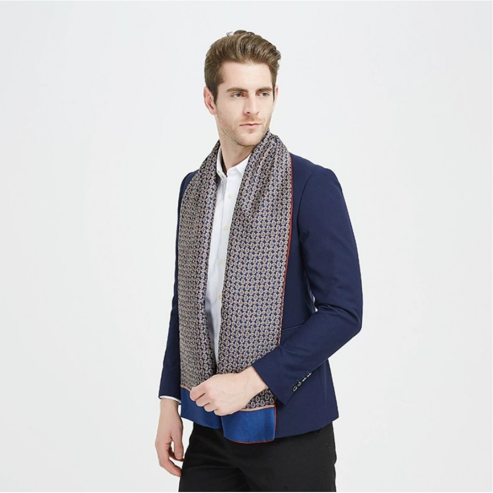 Шарф мужской шелковый синий двусторонний легкий 180х30 см