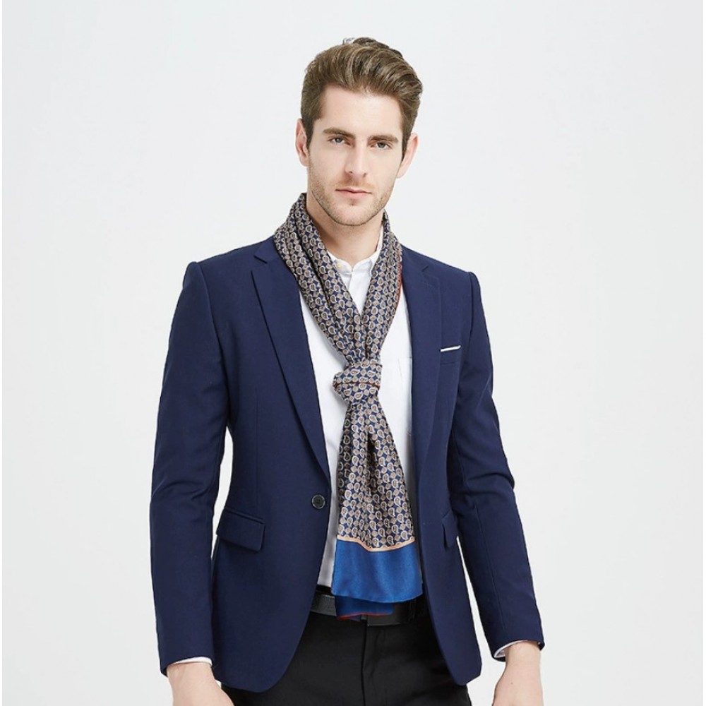 Шарф мужской шелковый синий двусторонний легкий 180х30 см - 2