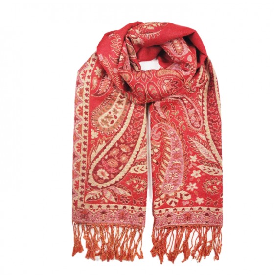 Палантин шарф жаккардовый индийский красный с бежевым