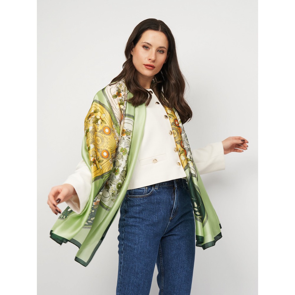 Шовковий шарф жіночий зелений із серцями квітами  - 5