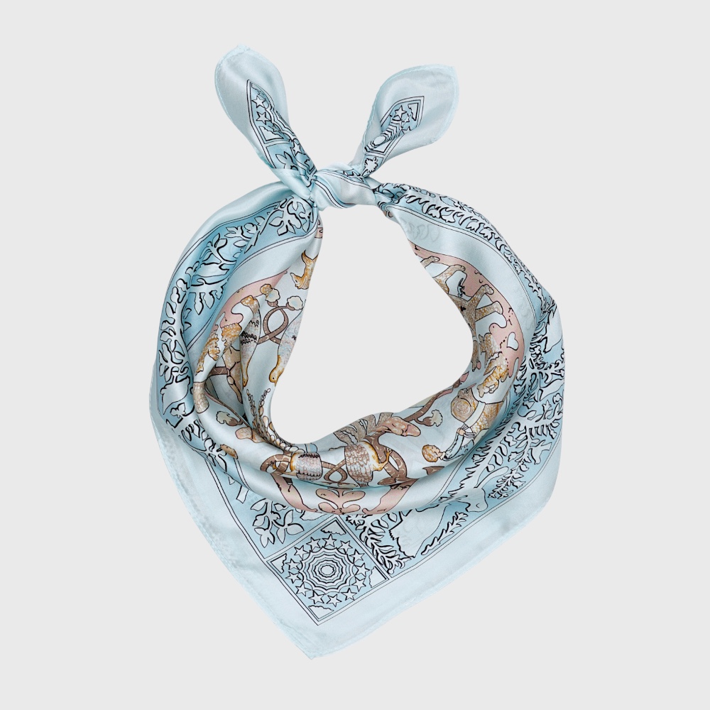 Платок шелковый женский голубой «Французский винтаж» 53×53 см - 2