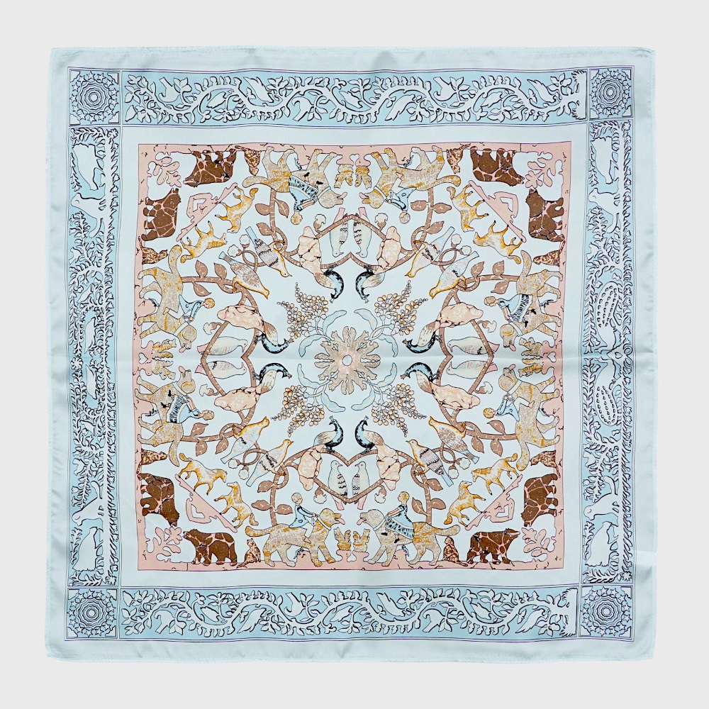 Платок шелковый женский голубой «Французский винтаж» 53×53 см