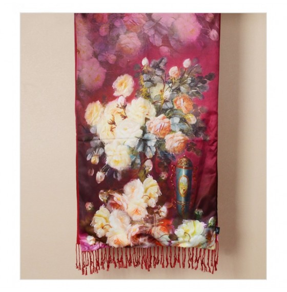 Палантин шарф шелковый сливово-рубиновый натюрморт