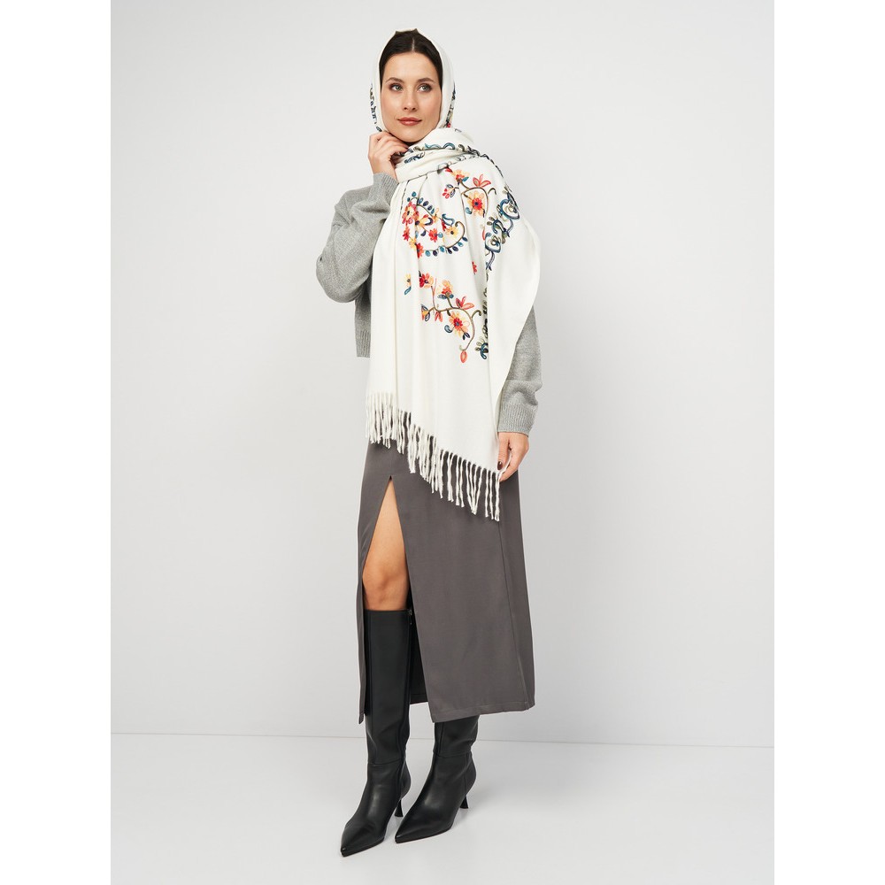 Шарф жіночий кашеміровий білий з вишивкою 195×70 см - 5