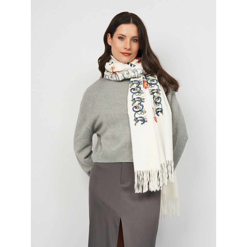 Шарф жіночий кашеміровий білий з вишивкою 195×70 см - 3