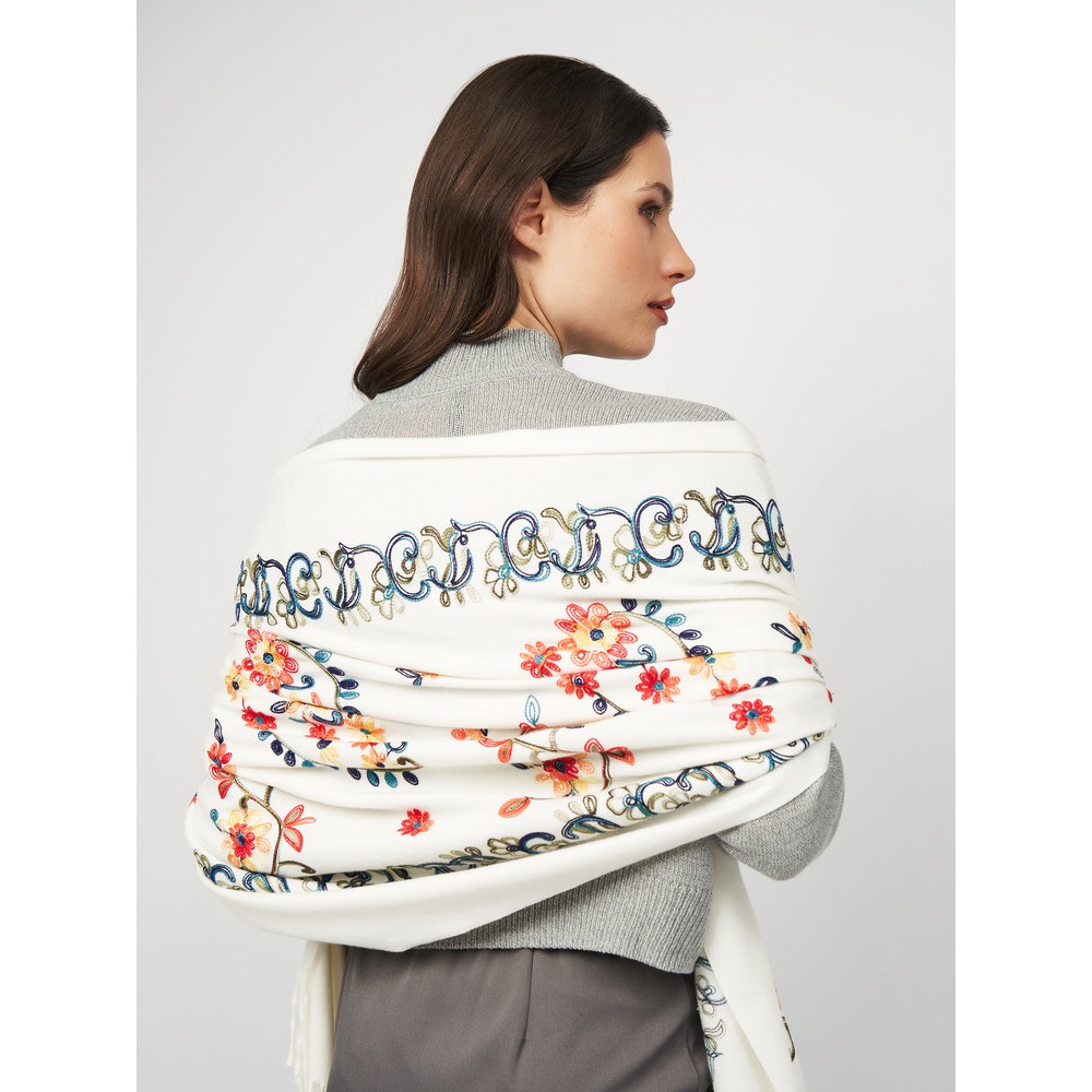 Шарф жіночий кашеміровий білий з вишивкою 195×70 см - 2