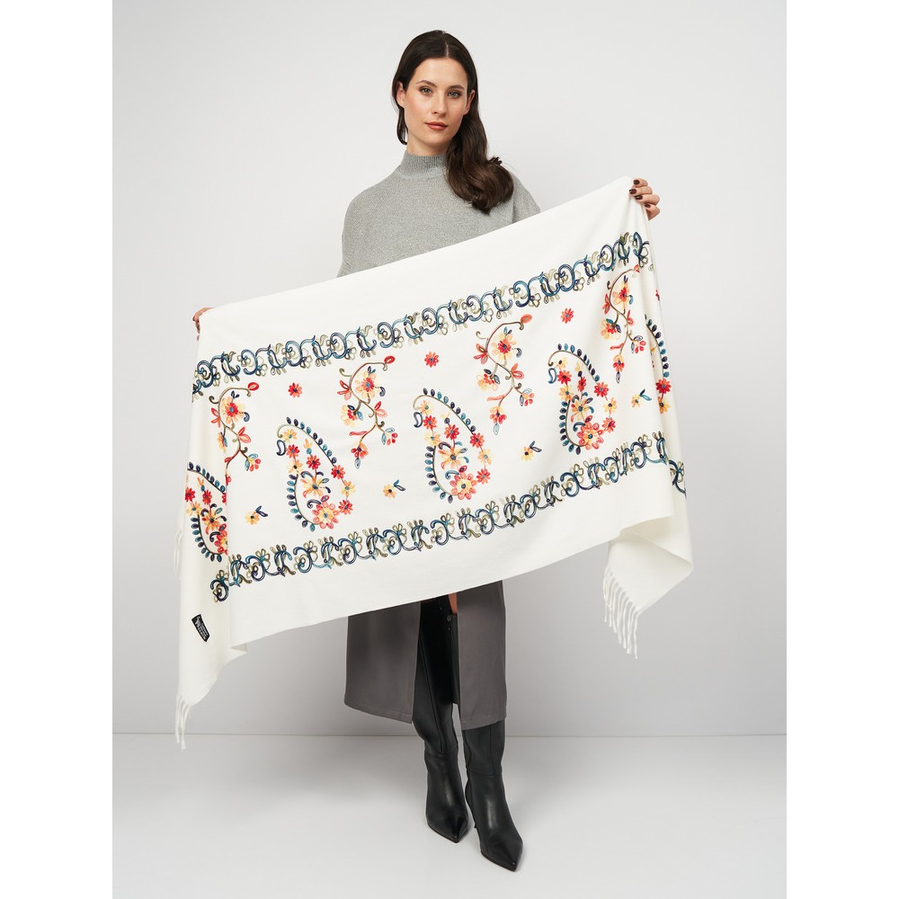 Шарф жіночий кашеміровий білий з вишивкою 195×70 см - 4