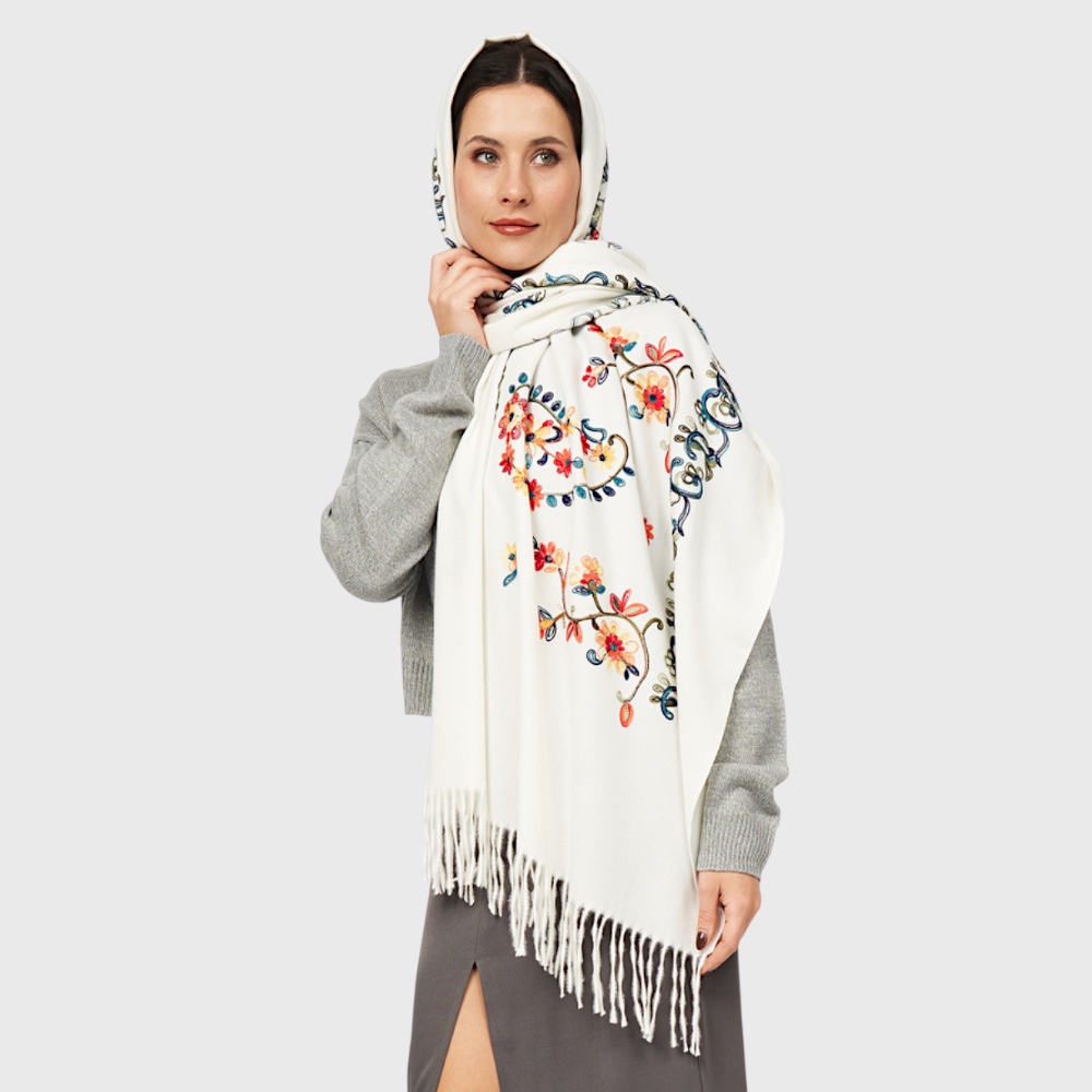 Шарф жіночий кашеміровий білий з вишивкою 195×70 см