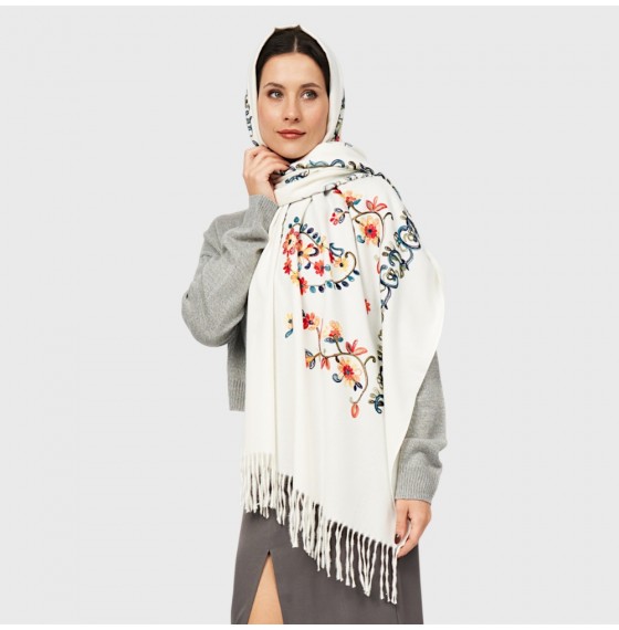 Шарф жіночий кашеміровий білий з вишивкою 195×70 см Шарф жіночий кашеміровий білий з вишивкою 195×70 см