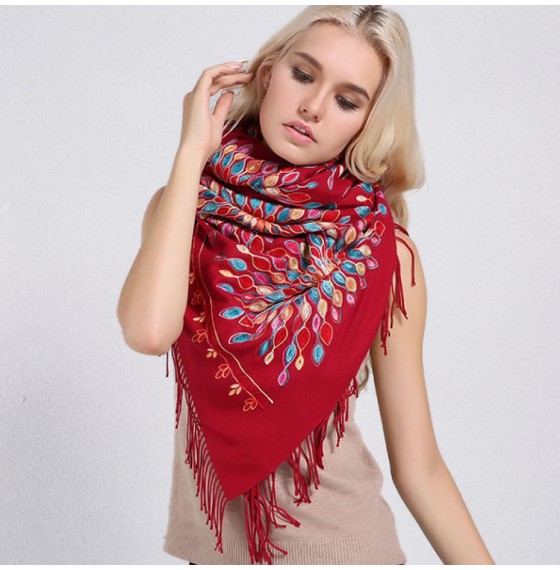 Женский шарф-палантин кашемировый бордовый с вышивкой