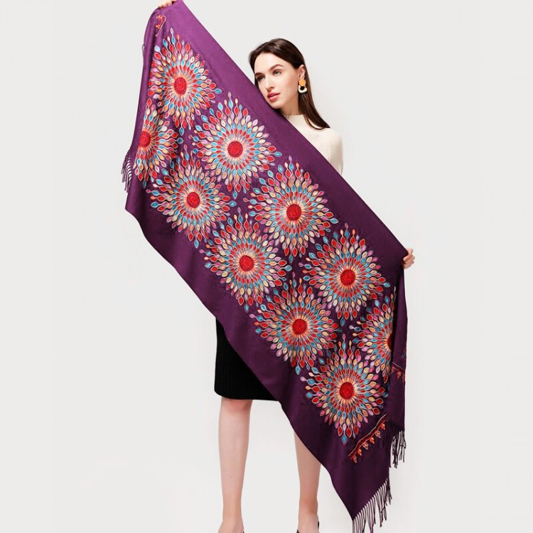 Жіночий шарф-палантин кашеміровий бузковий з вишивкою - 4