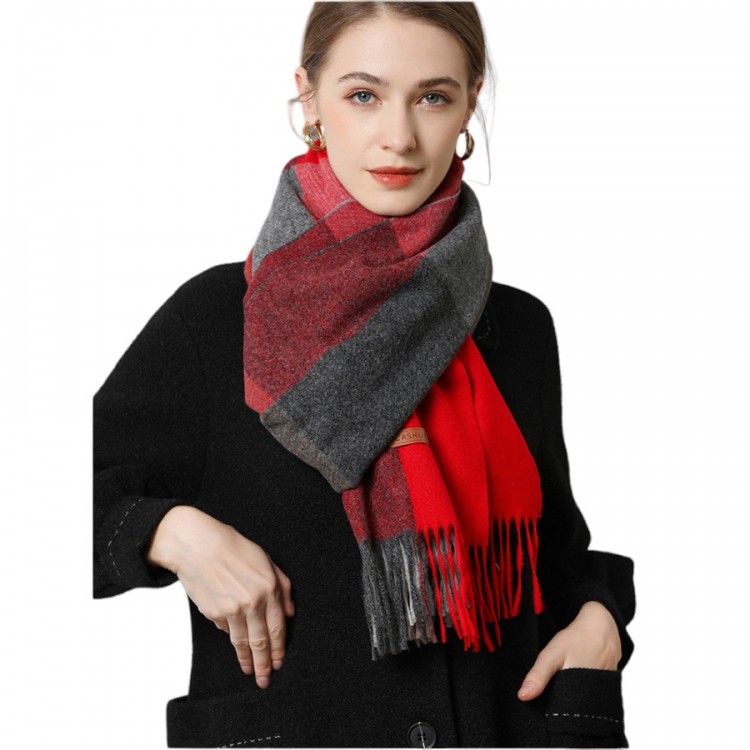 Жіночий шарф вовняний у сіро-бордову клітинку, 200*75 см - 3