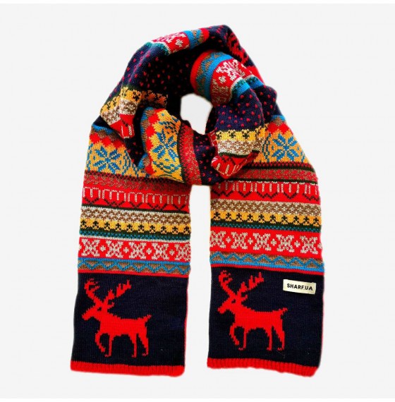 В'язаний шарф синьо-червоний новорічний з оленями, 180*36