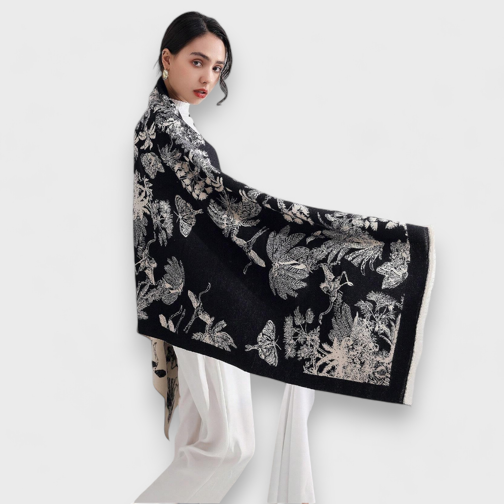 Женский шарф двусторонний черный с молочным шерстяной, 180*70 см - 2